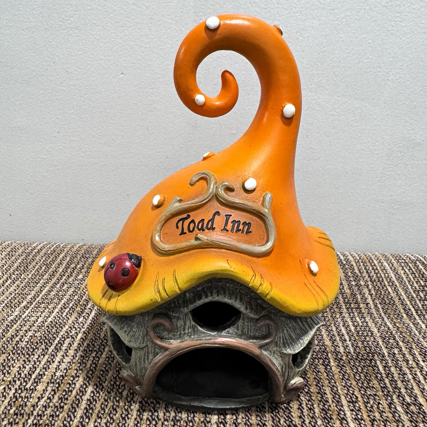 Ceramic Toad Inn Mushroom House Toad Figurine Orange Yellow Gray White 9 in