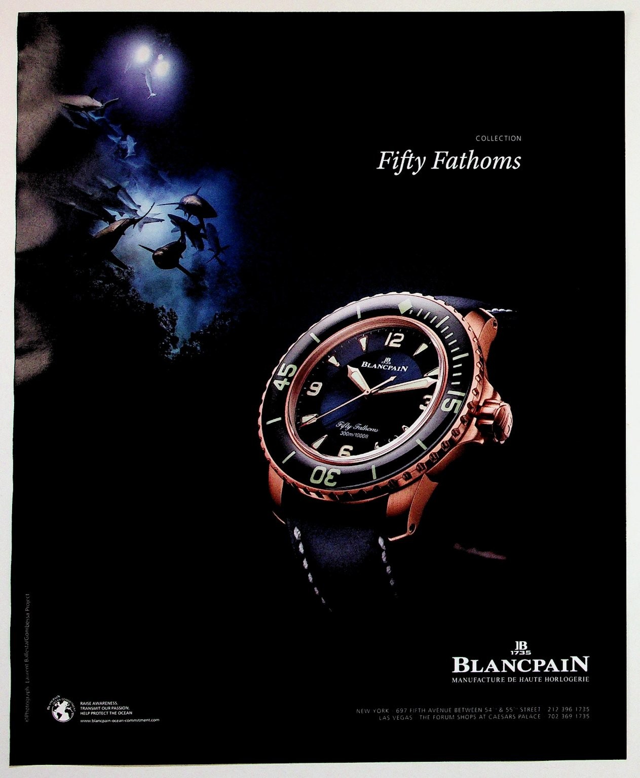 Blancpain Fifty Fathoms Watch Vintage Ad Print Black Ocean Sharks Diver