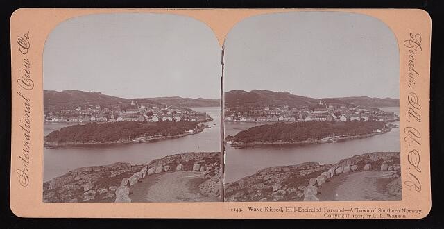 Photo:Farsund Norway 1902 hill-encircled town harbor stereoview