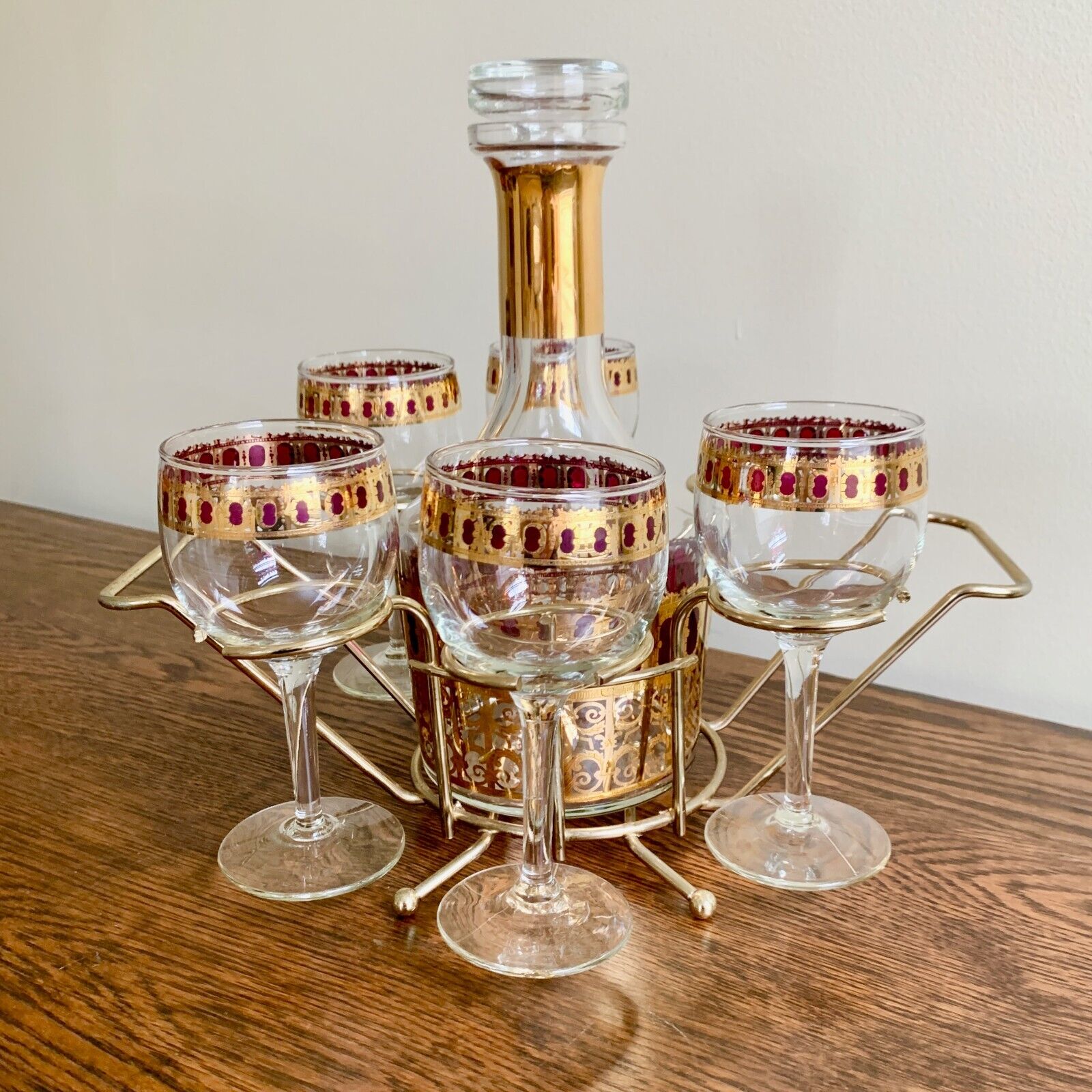 Vintage Culver Cranberry Scroll Decanter Set 5 Wine Glasses Caddy 22K Gold MCM