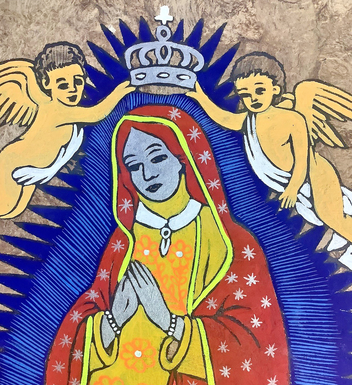 Mexican Amate Bark Folk Art Handmade Painting - Our Lady of Guadalupe - 16 x 23