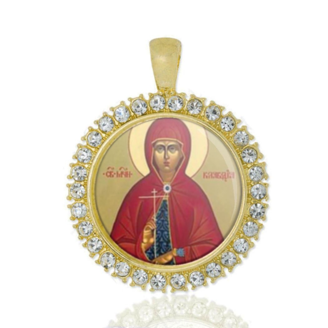 St Claudia Christian Round Medal Gold Tone Pendant with Rhinestones