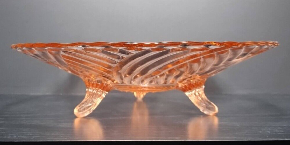 Vintage Pink Depression Glass Swirl 3-Footed Serving PJlate Scalloped Edge 10 In