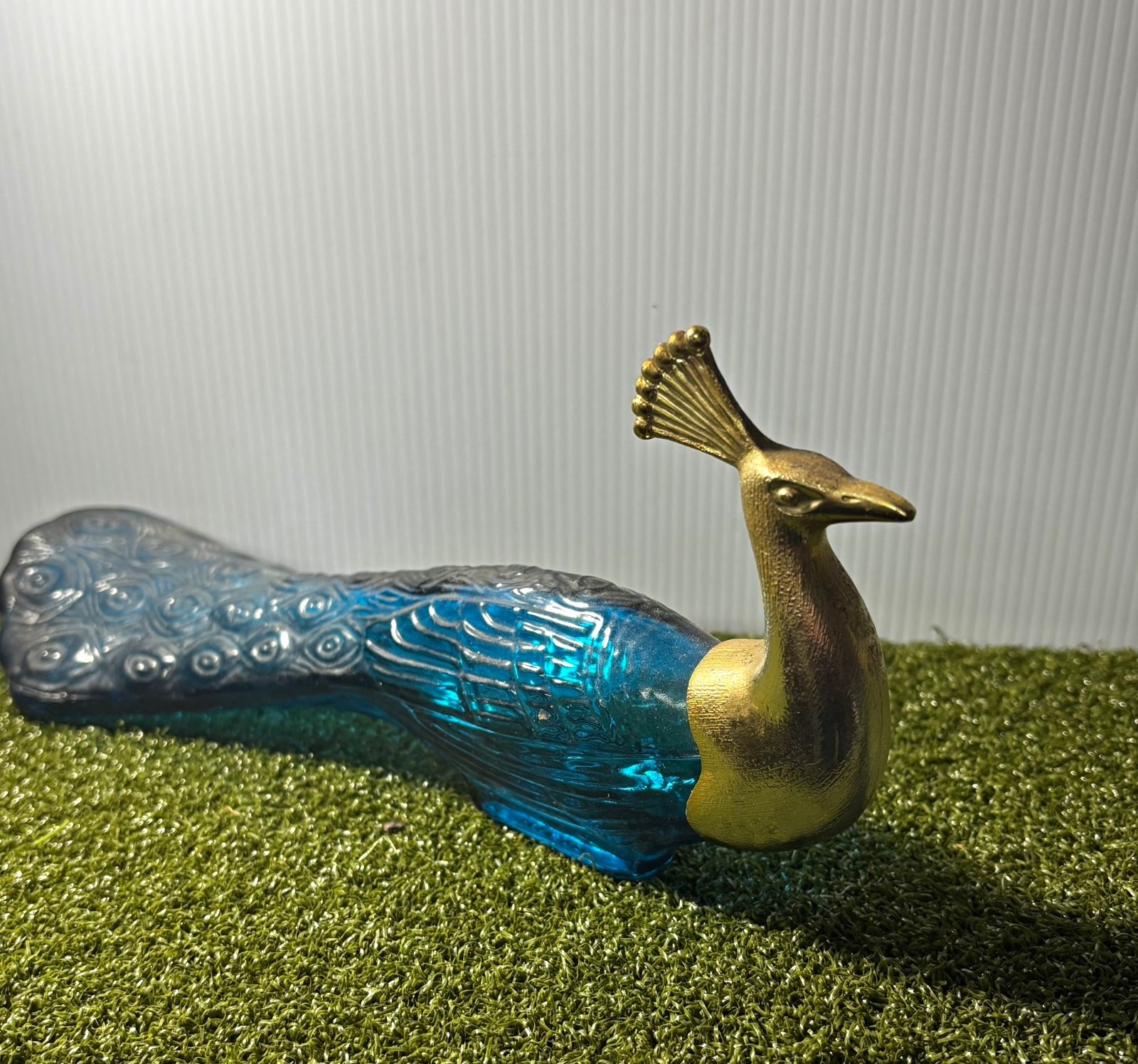 Vintage Avon Peacock Cologne Bottle Blue Glass Gold Tone Head Empty 9