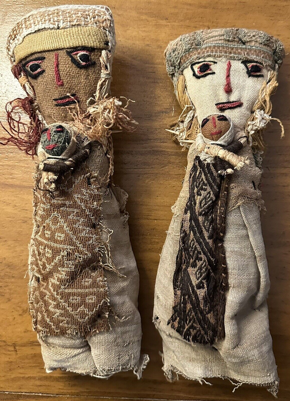 Lot Of 2 Antique Peruvian Folk Art Chancay Mother And Child Burial Doll 10” Long