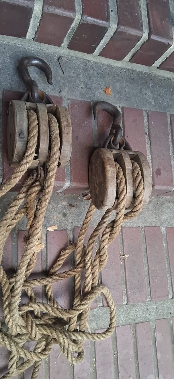 A  Complete  Vintage Set of  Block and Tackle - Wooden Pulleys