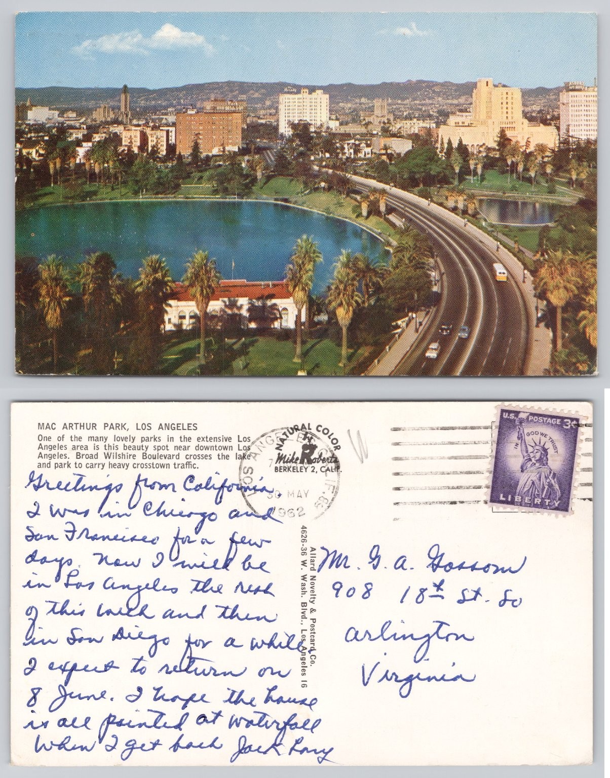 Vintage 1962 Mac Arthur Park Los Angeles CA Postcard Wilshire Blvd Natural Color