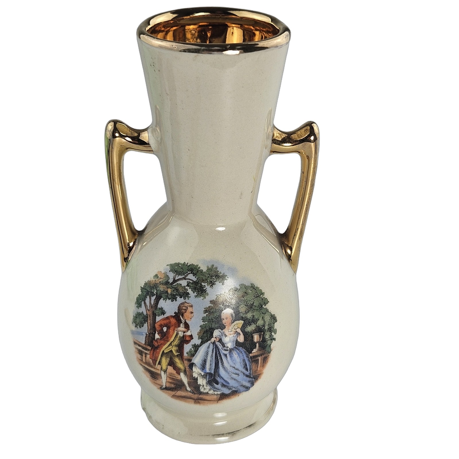 Vintage Courting Couple Ceramic Urn Vase Double Handled Gold Trim 6.75 Inch