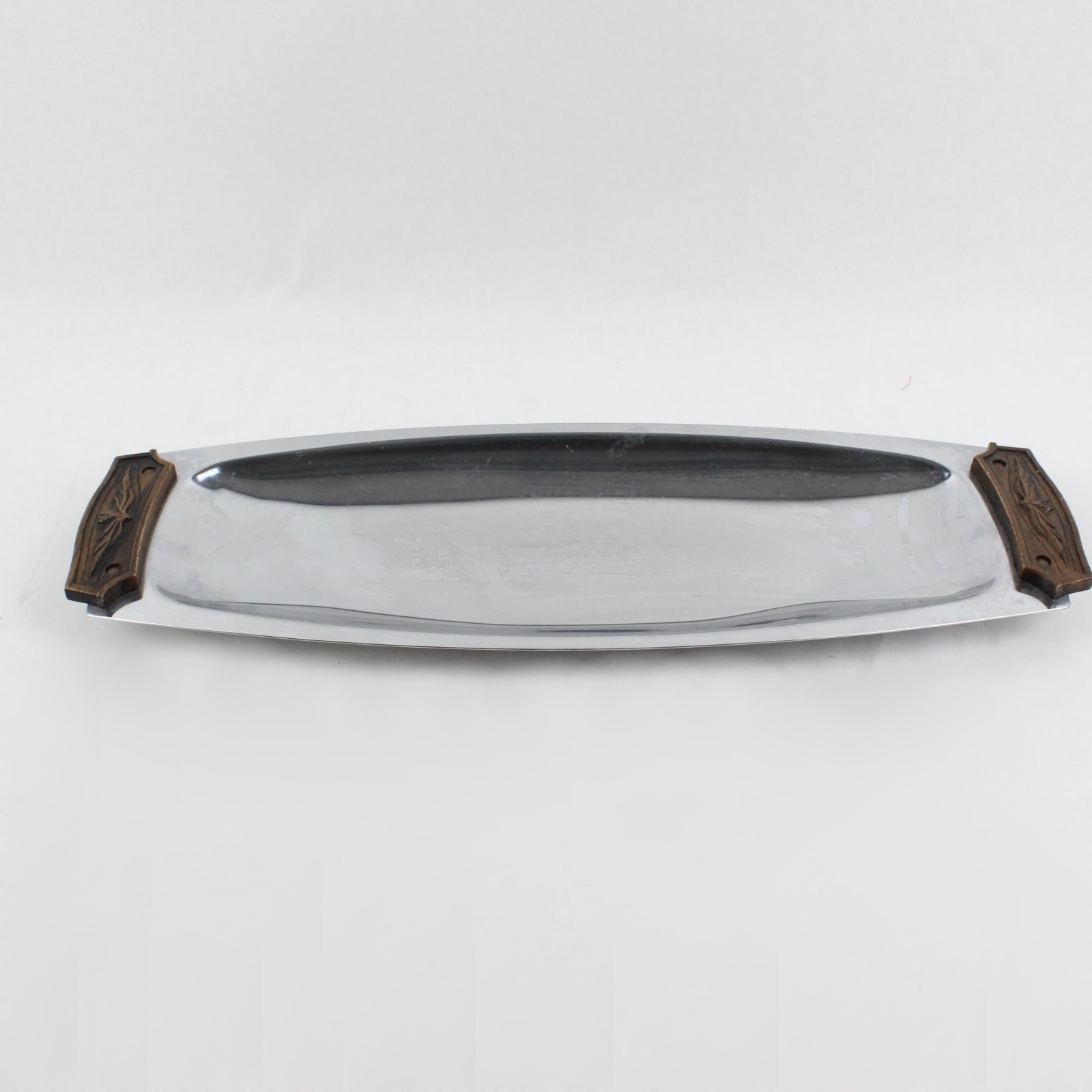 Kromex Vintage Chrome Bread Roll Serving Tray Faux-Wood Handles