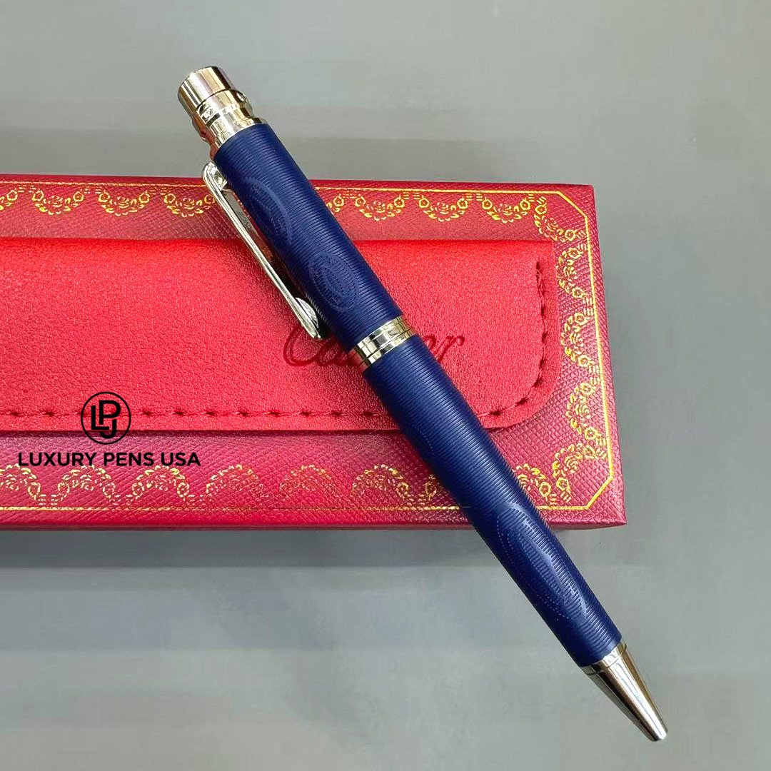 CARTIER Santos Blue Horizontal Stripe Ballpoint Pen Large Logo Silver Trim Rare CARTIER Santos Blue Horizontal Stripe Ballpoint Pen Large Logo Silver Trim Rare