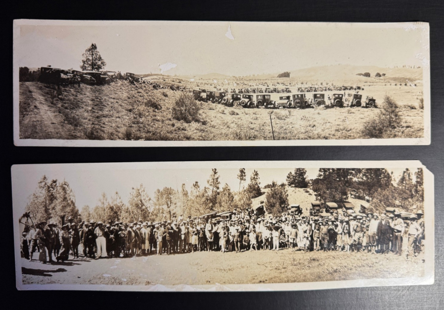 2 Antique 1920s Panoramic Photos Huge Gathering of Automobiles Cars People 12\