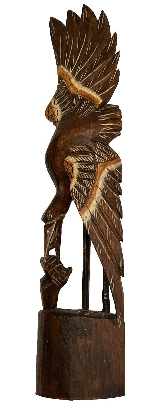Vintage Hand Carved Wood Heron With Fish Hand painted 23” Tall 