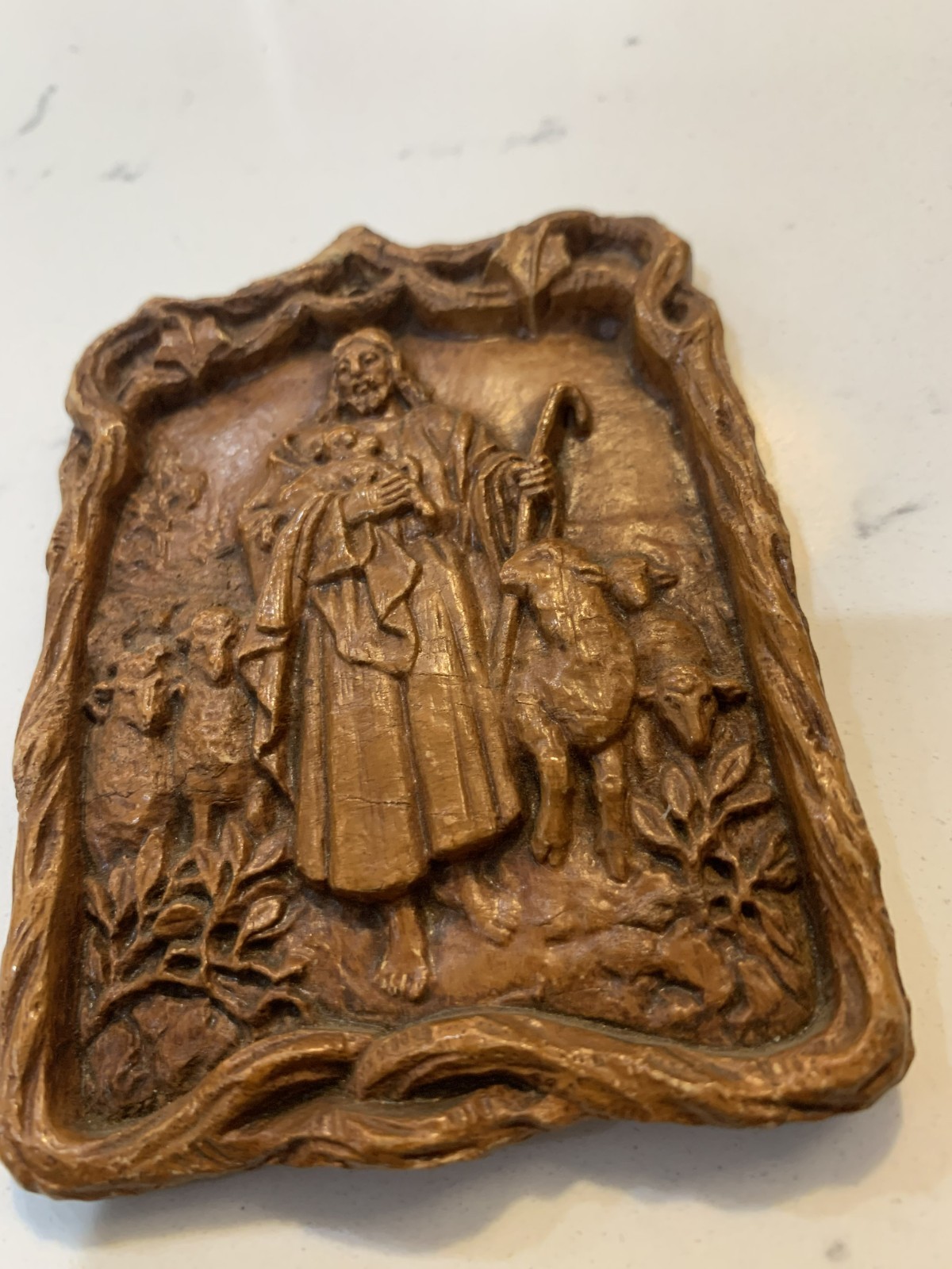 Vintage Faux Wood Carved Jesus The Good Shepherd Wall Pocket Plaque Hanging