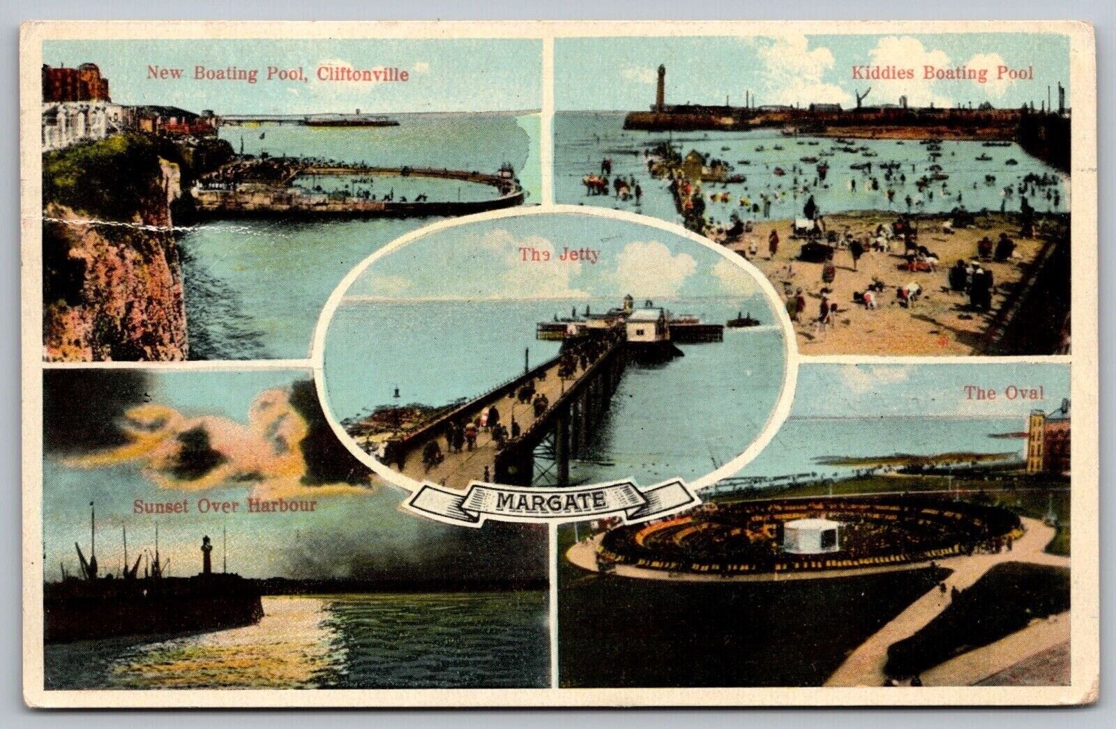 England Margate Boating Pool Cliftonville Kiddies Boating Sunset Oval Postcard