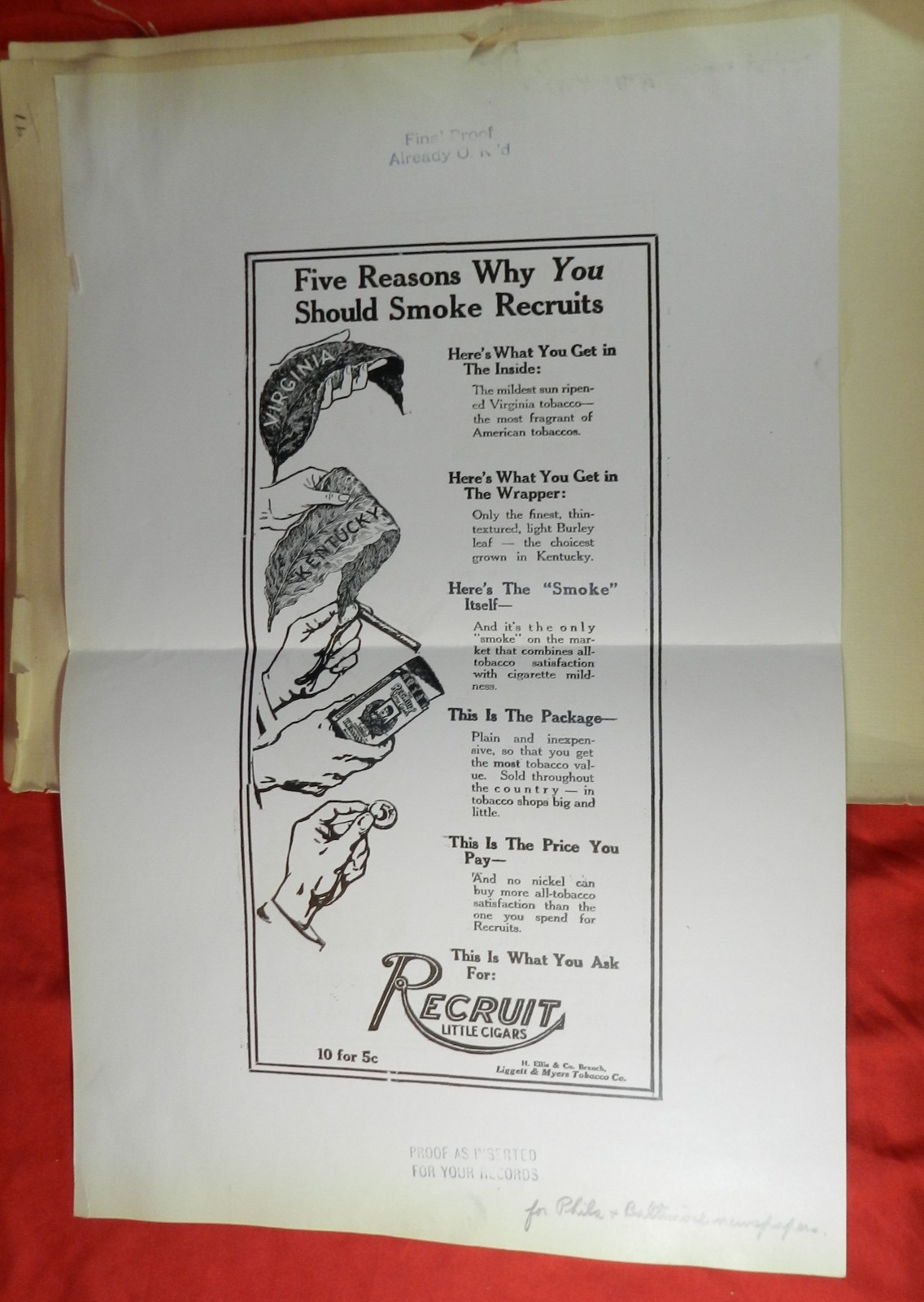 Lot of 49 Recruit Little Cigars Ads from the Liggett & Myers Company - 1916