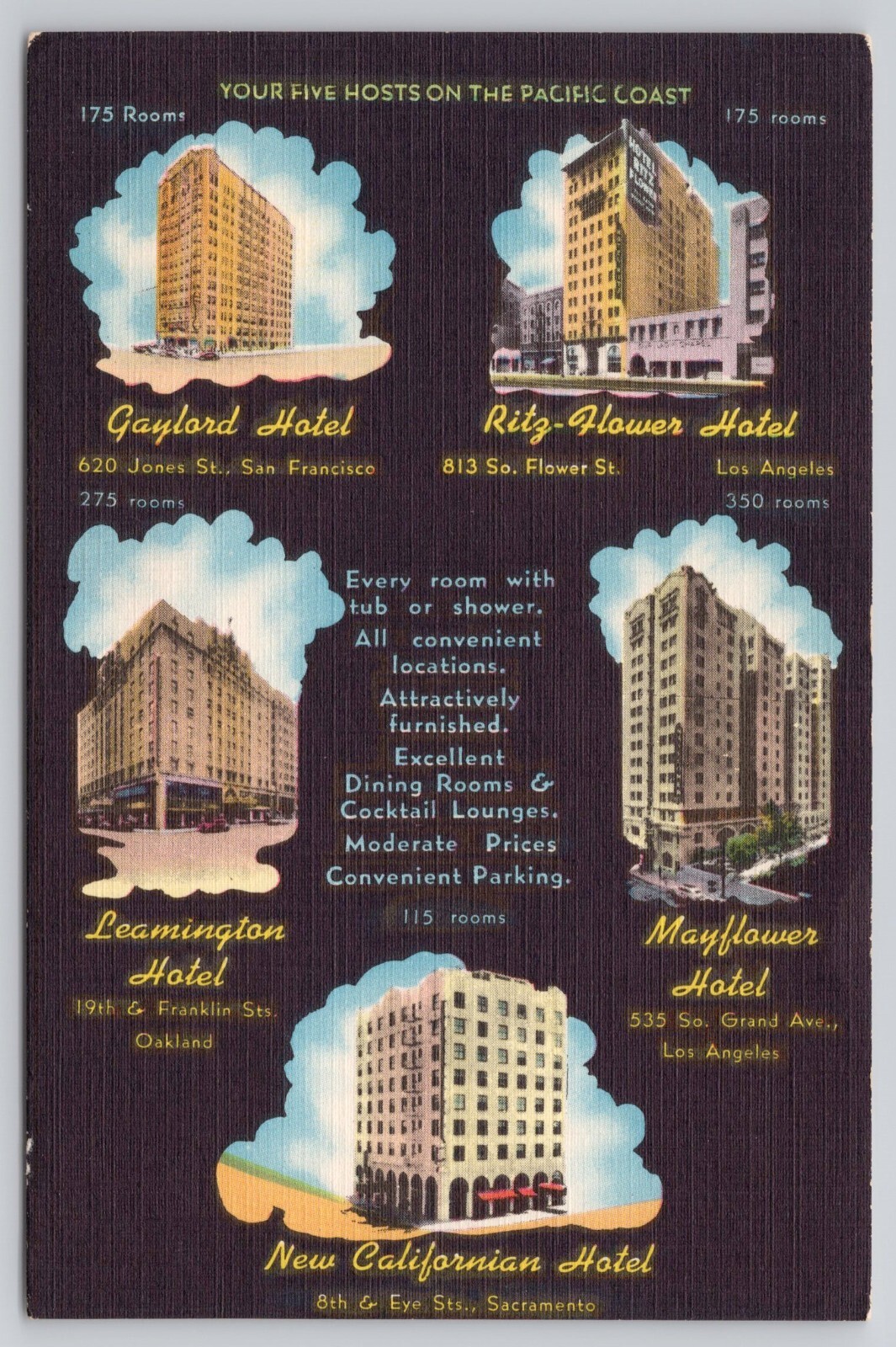 California Hotels Gaylord Ritz-Flower Leamington Mayflower Californian Postcard