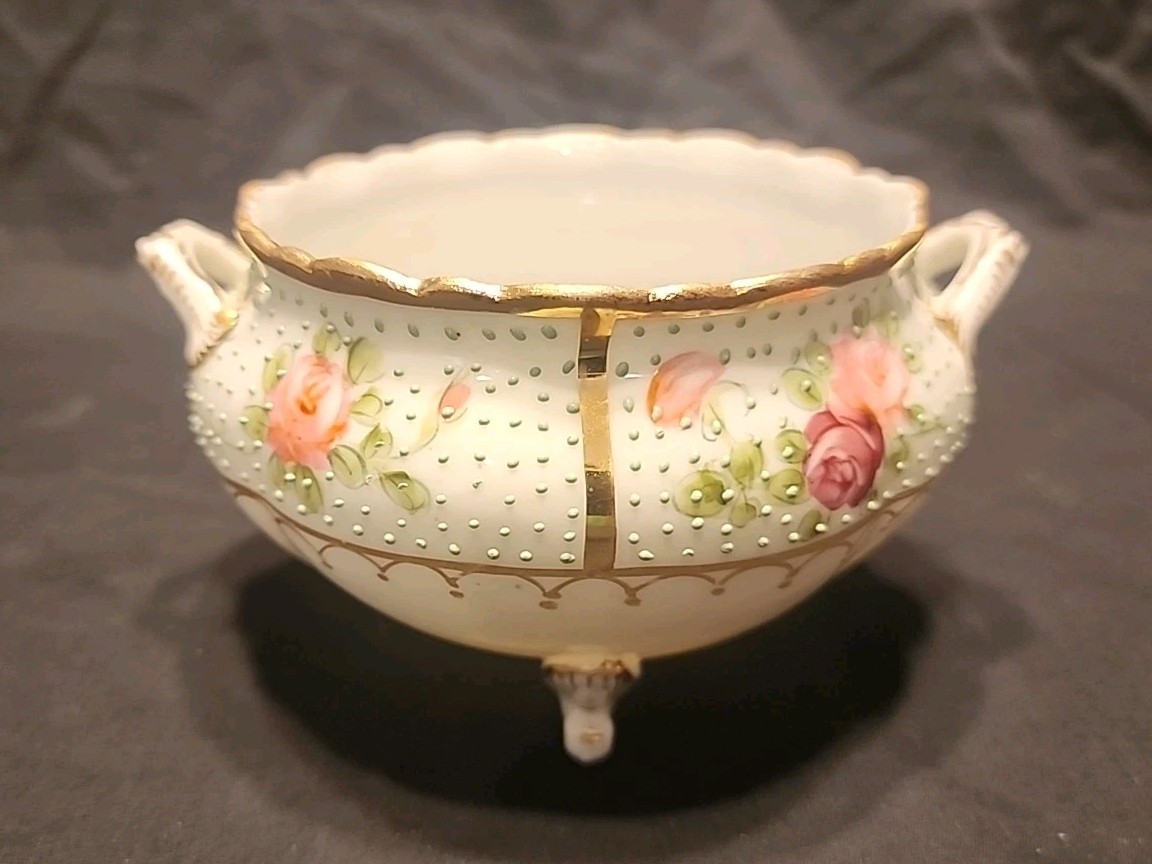 Nippon Footed White Flower Bowl with Handles Decorated w/ Roses & Gold Trim