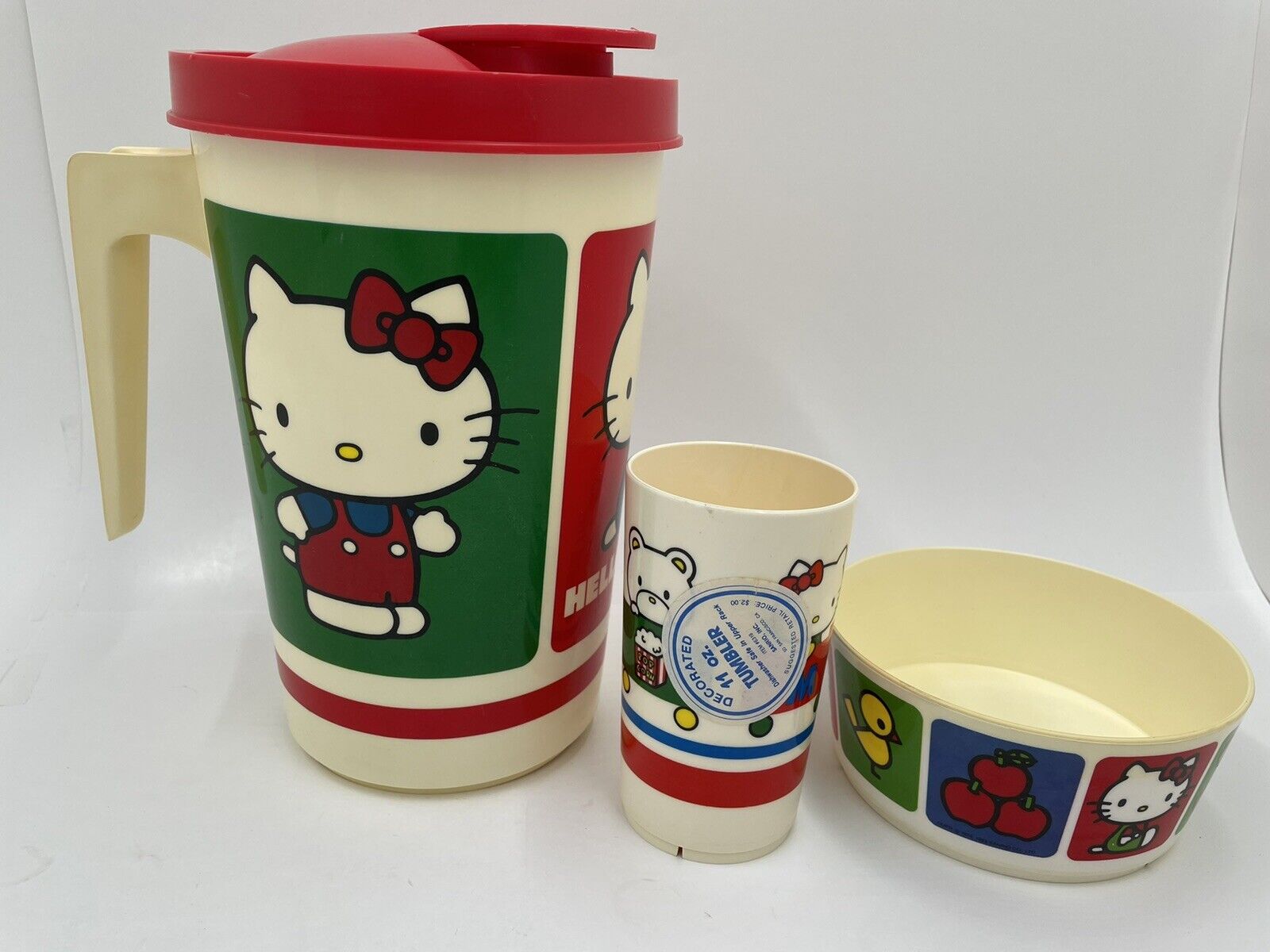 Vintage Sanrio Hello Kitty Decanter, Tumbler Cup And Cereal Bowl Rare 1980s