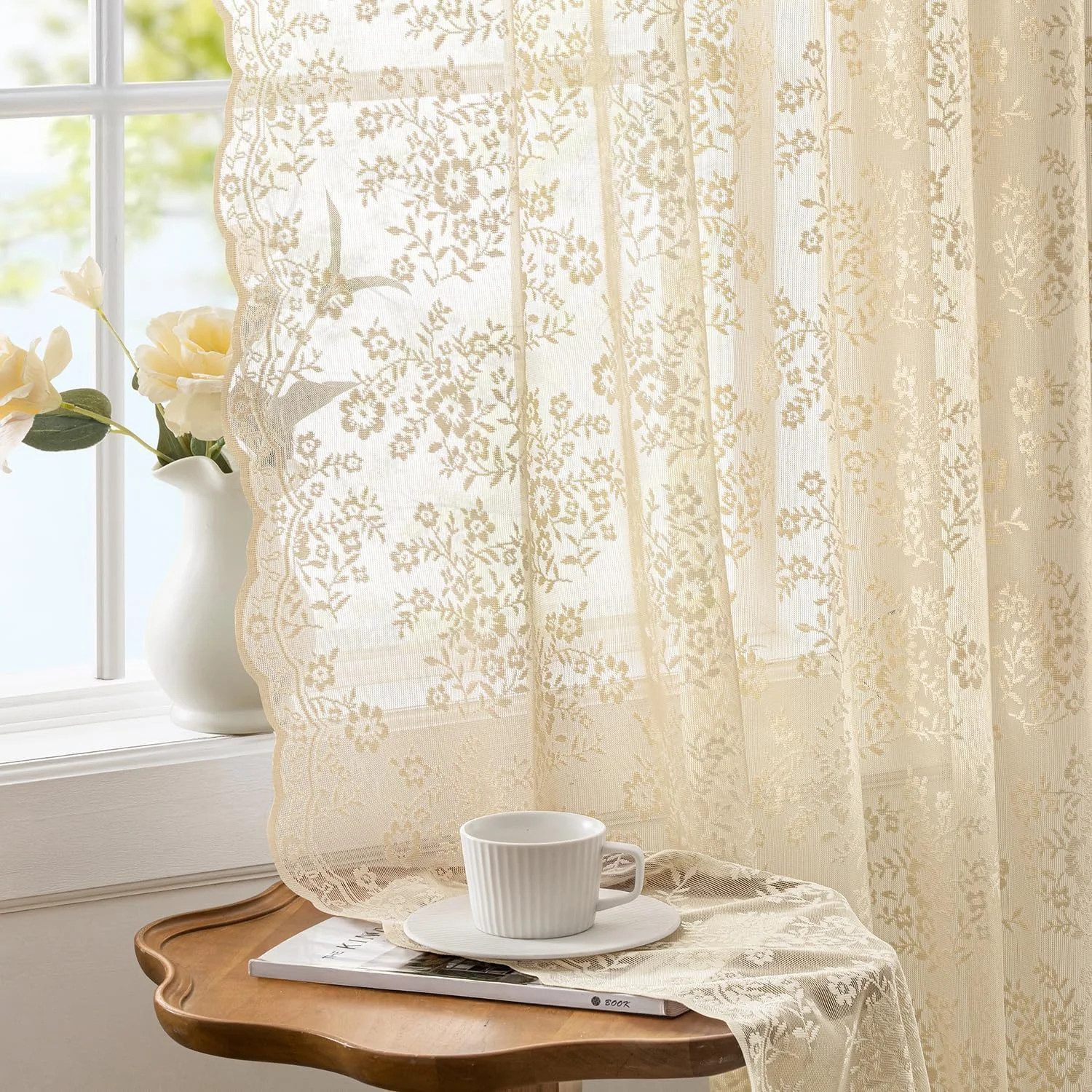 2 Panels Vintage Lace Curtains 63 Inches Long 52 x 63 Inch Beige