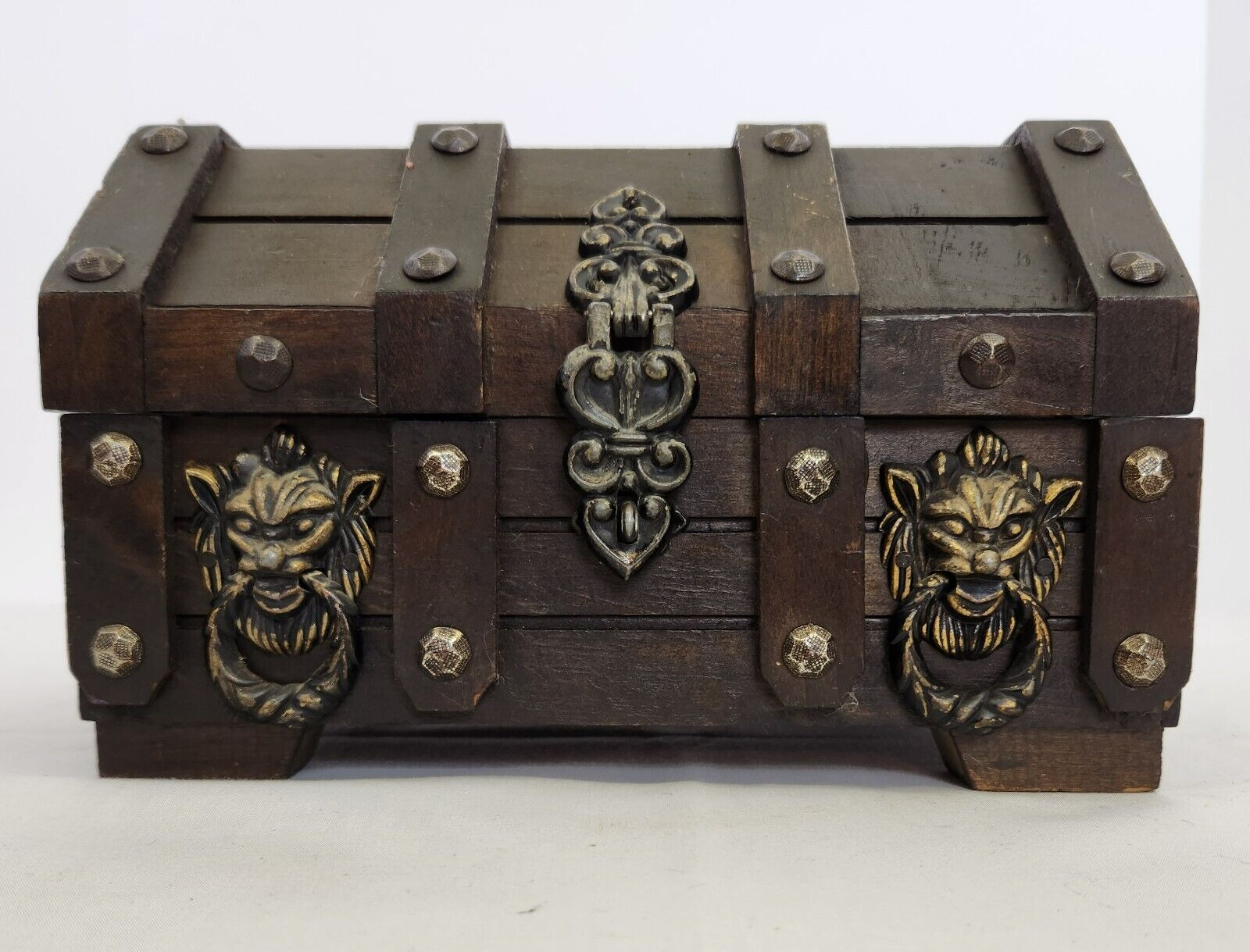 Vintage Wooden Storage Treasure Chest Box Metal Lion Hinge Gothic Japan