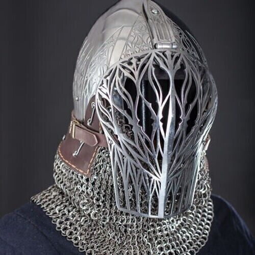 16GA Steel SCA Medieval larp Bascinet Etched Helmet With Visor Medieval Bascinet