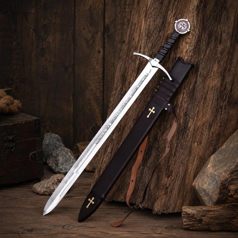 Custom Engraved Accolade Sword, Knights Templar Hand Forged Medieval Highlander
