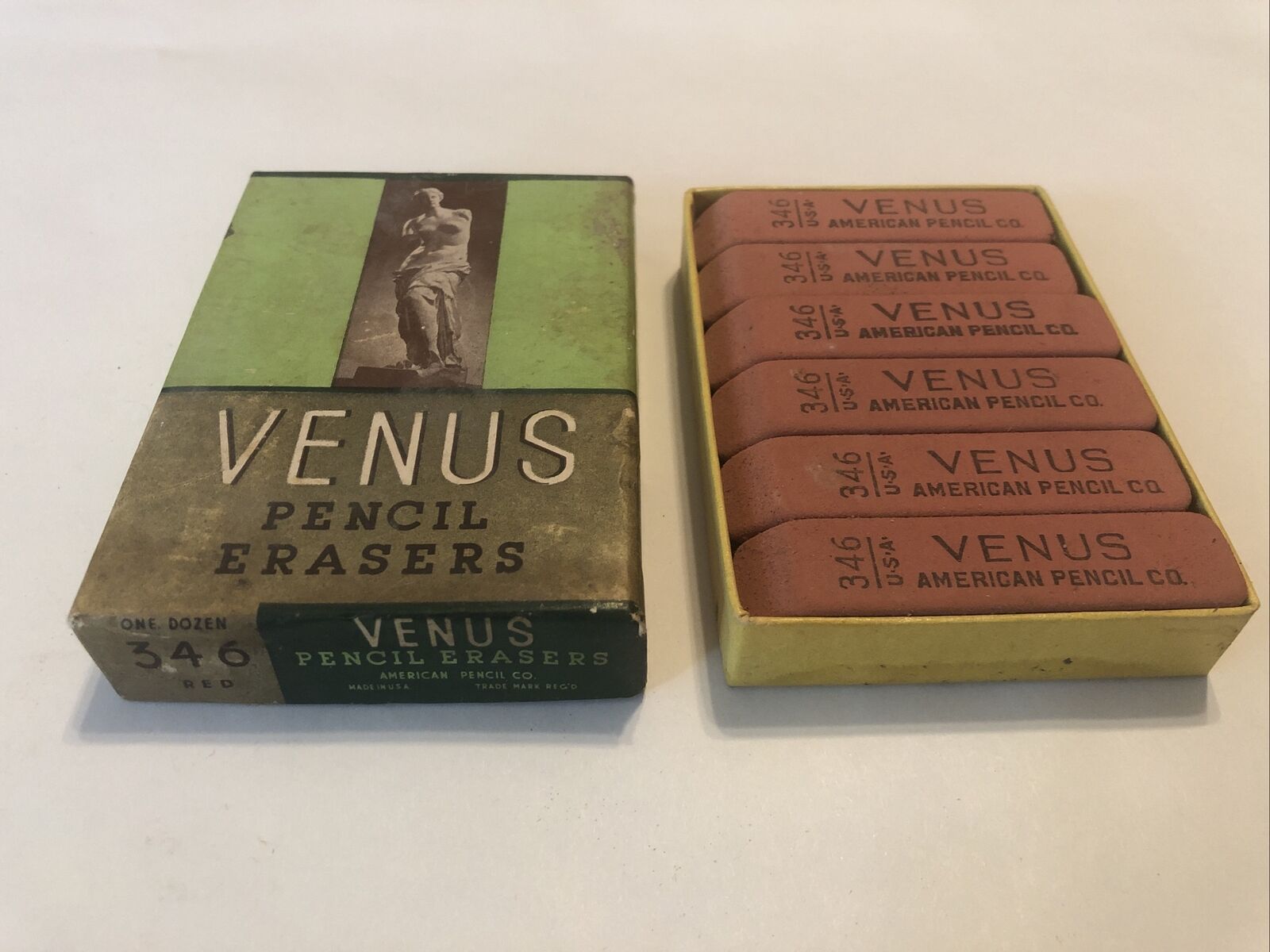 Vintage VENUS Pencil Erasers with box One Dozen 346 American Pencil Co. Rare NOS