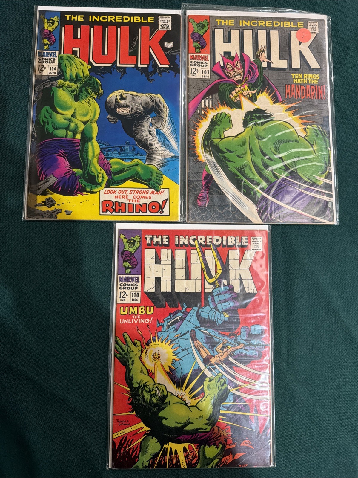 Lot of *3* Early (1968) INCREDIBLE HULK: #104 107 110 Rhino Mandarin Umbu Lot of *3* Early (1968) INCREDIBLE HULK: #104 107 110 Rhino Mandarin Umbu