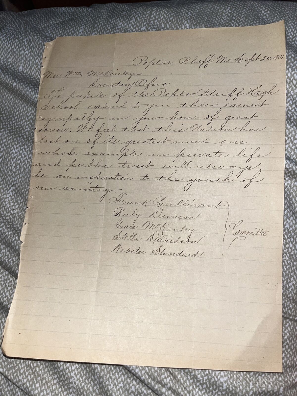 Antique Poplar Bluff MO Student Letter to Mrs McKinley President Assassination