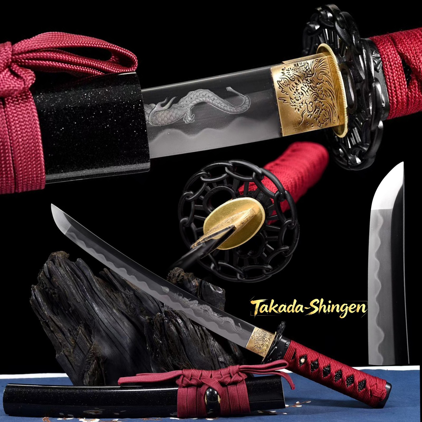 handmade japanese tanto black steel tsuba sword clay tempered t10 steel balde
