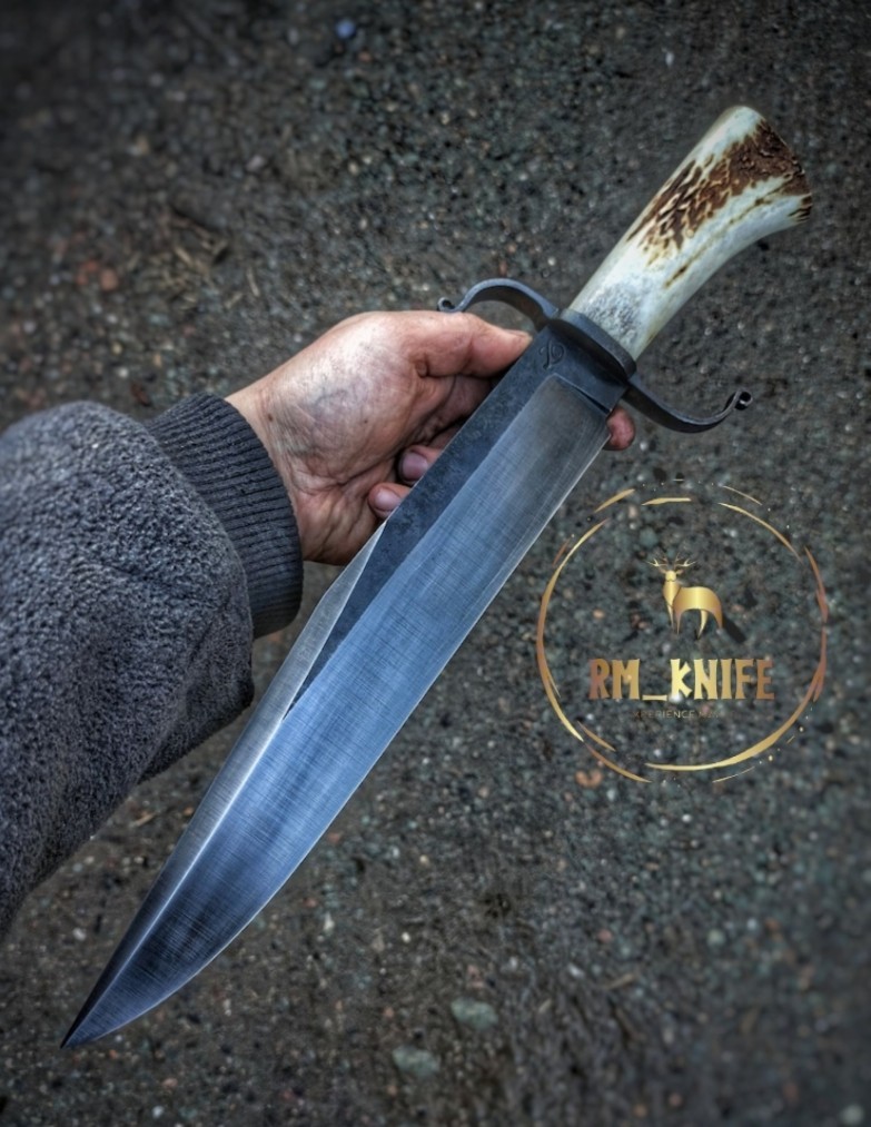 Hand forged big bowie knife with antler handle