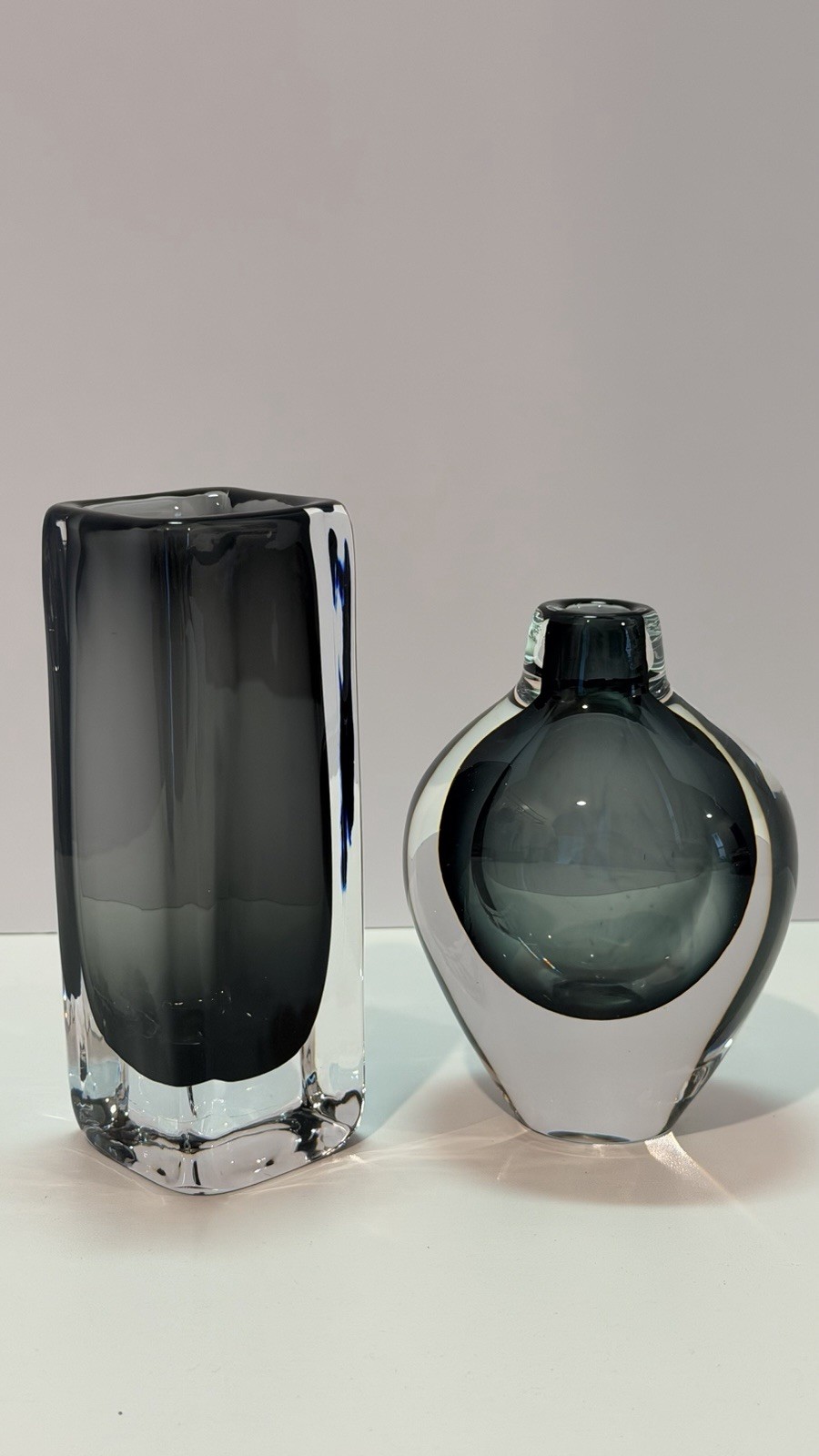 Pair 1950’s Orrefors Dusk Art Glass Vases Nils Landberg Sommerso Signed Sweden