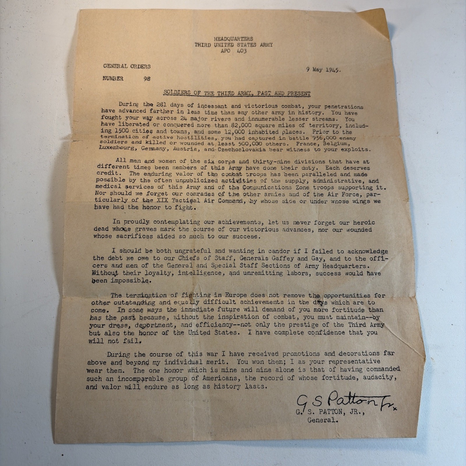 Orig WWII May 9 1945 General Patton 3rd Army General Orders 98 VE Day Address