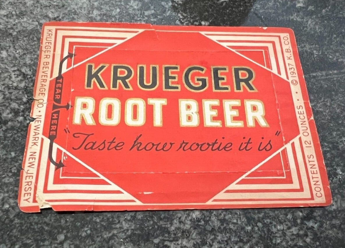 RARE KRUEGER ROOT BEER SODA BOTTLE LABEL ONE EYED JACKS GAME BREWING NEWARK NJ