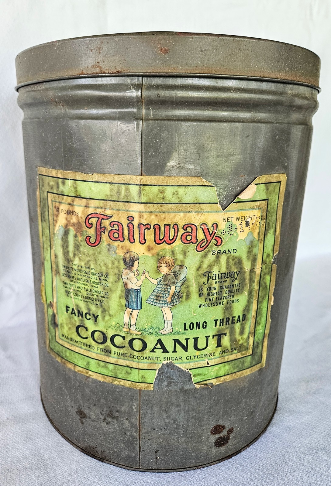 Vintage Fairway Cocoanut Tin Can Canister 10 lb Advertising  12.5\