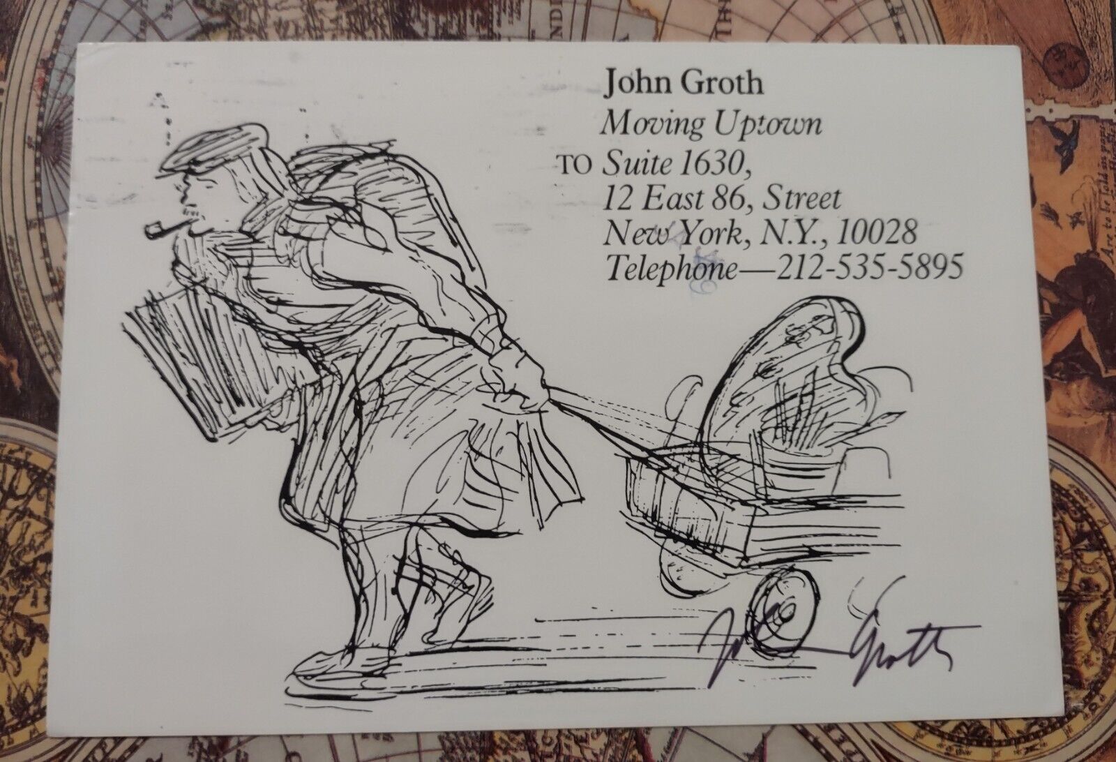 ARTIST JOHN GROTH SIGNED NEW ADDRESS CARD.  NICE ILLUSTRATION.  REAL AUTOGRAPH.