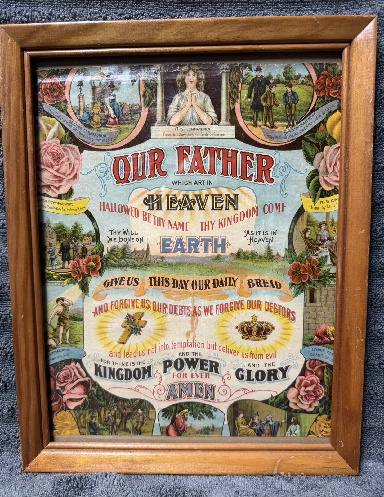 Antique Framed Lord\'s Prayer & Ten Commandments Lithograph (1911)