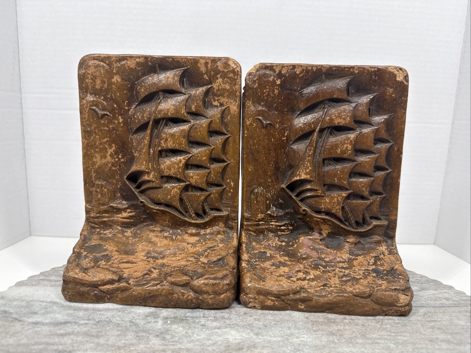 Ornate Syroco Wood Clipper Ships Sailing Sailboat Bookends Carved Wood Read