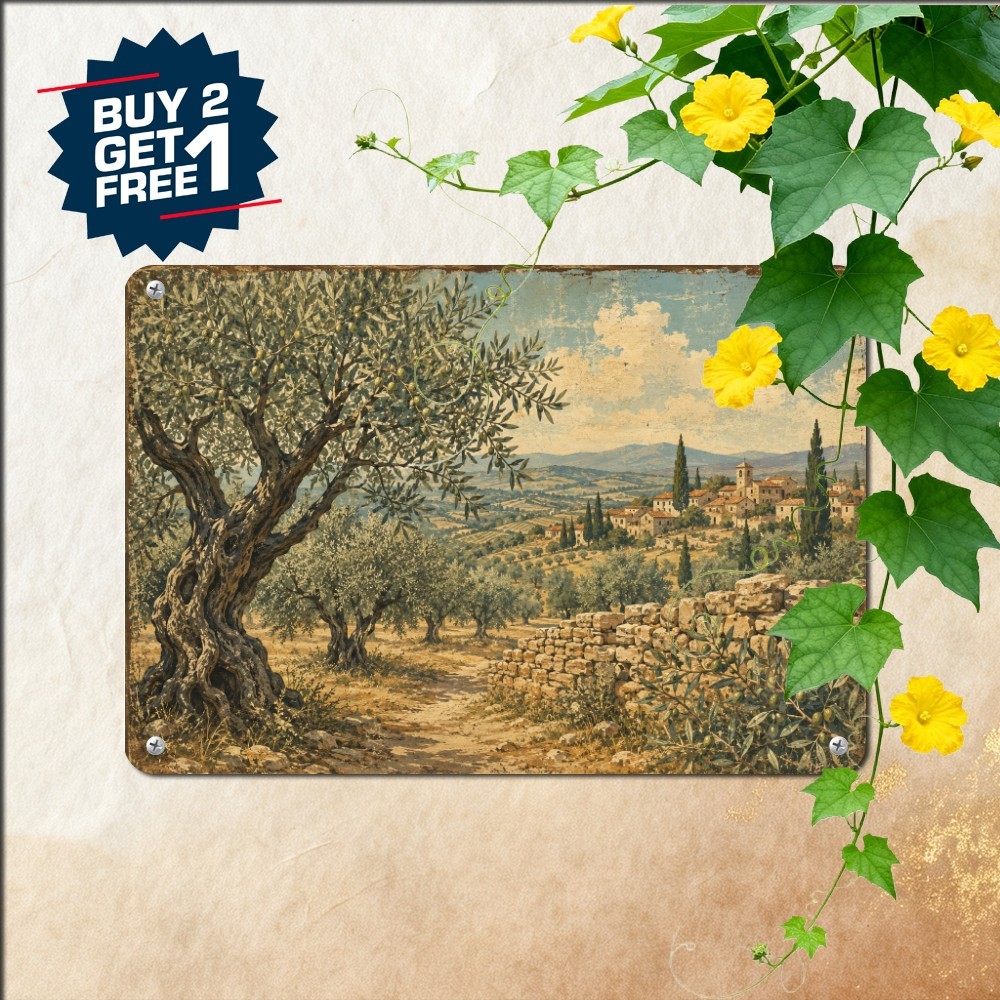 Tuscan Olive Garden Landscape Metal Sign Italian Vineyard Kitchen Tin Plaque