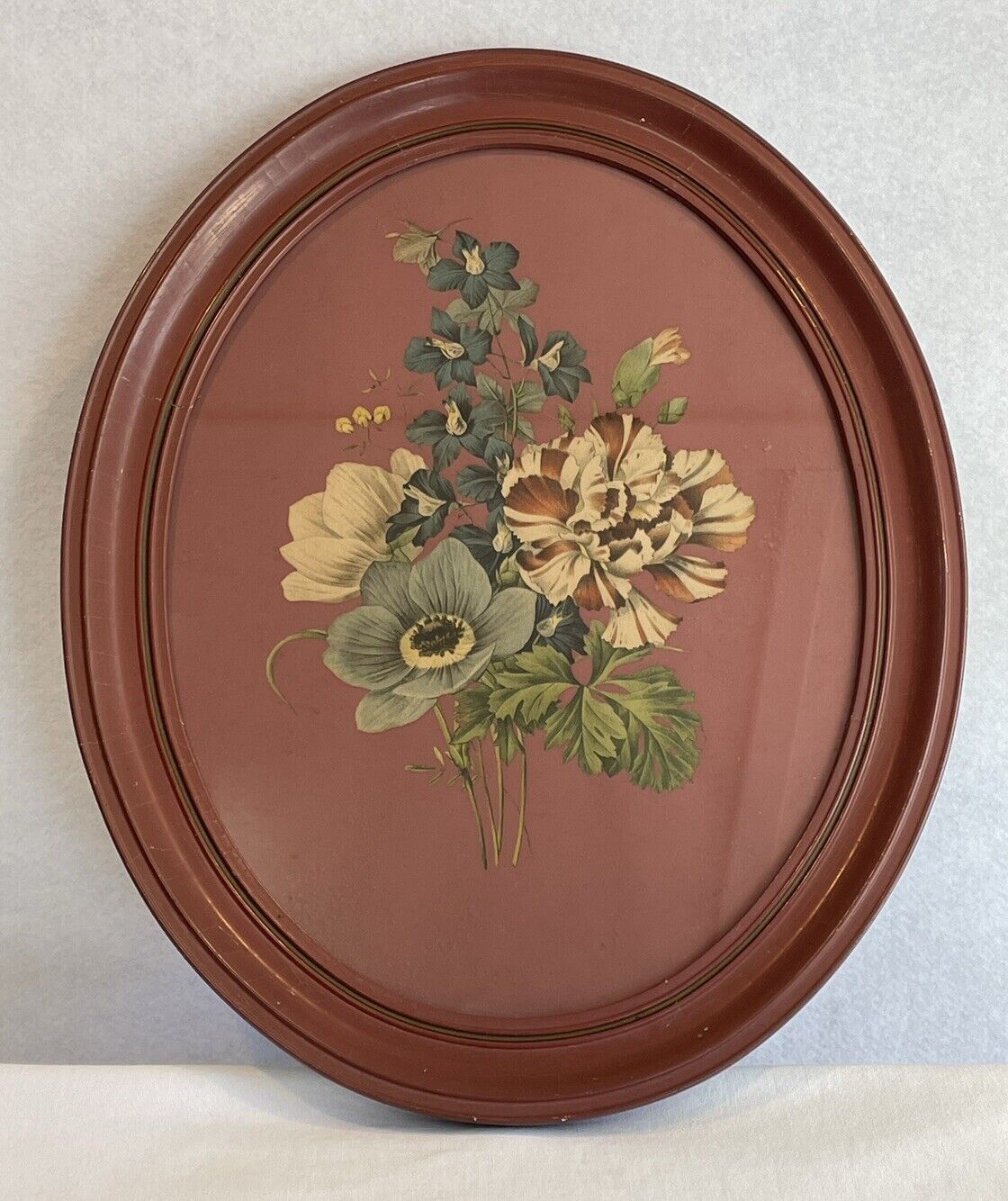 Vintage Oval Framed Floral Painting Print Maroon Red Dramatic