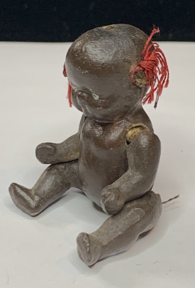 Antique Bisque Jointed Dollhouse Miniature Baby 2.75” Black Red Ribbons Japan