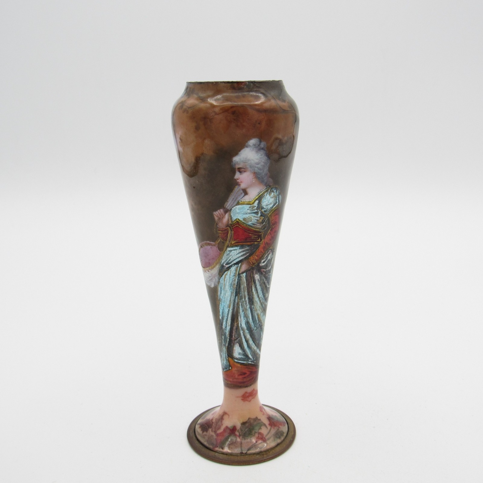 Antique Austrian Scenic Enamel Vase w/ Woman Walking in Garden, Fan, Feather Hat