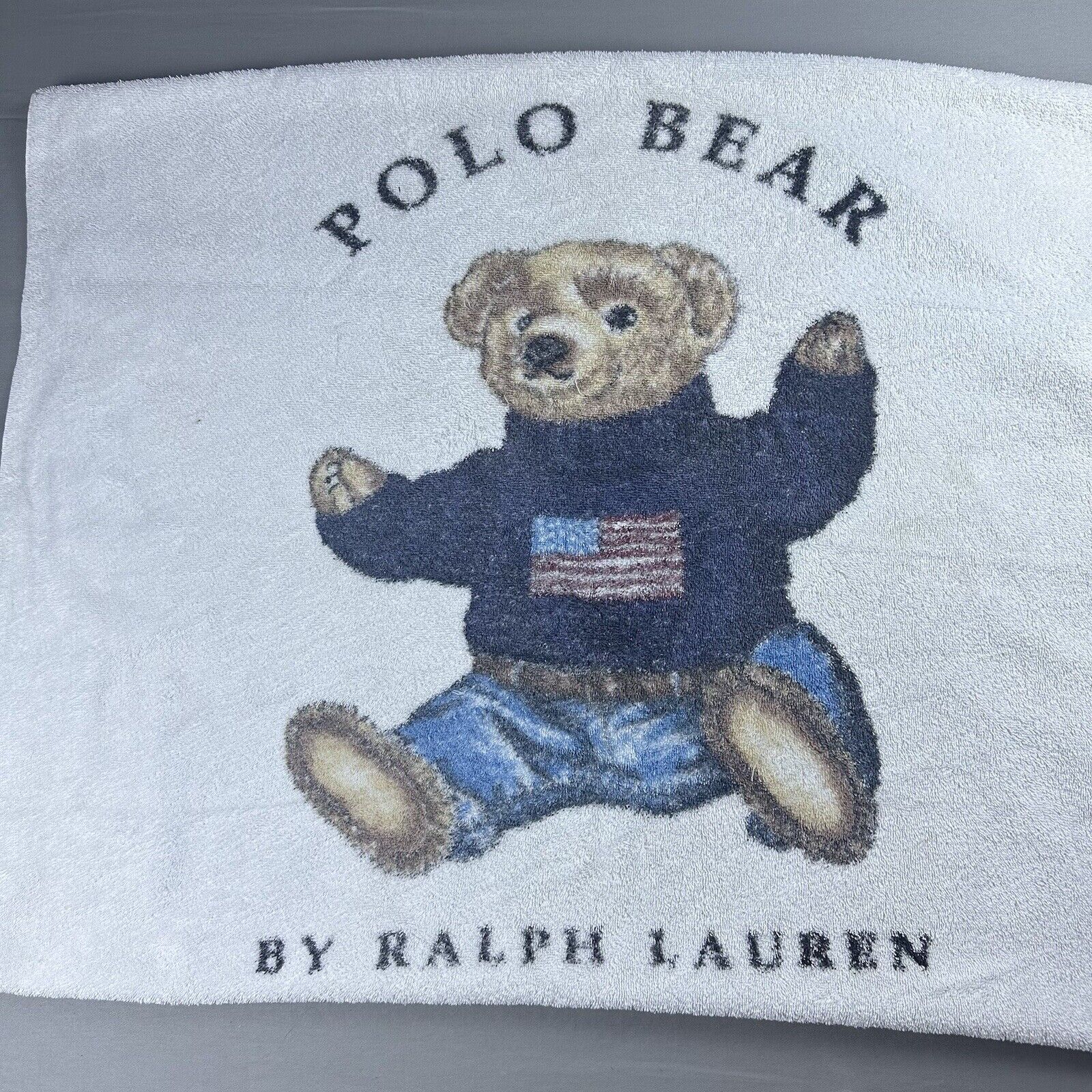 Vintage Ralph Lauren Polo Bear Beach Towel American Flag Cotton US Made