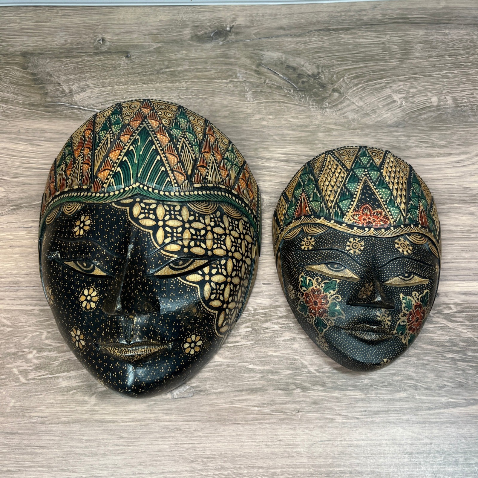 Batik Mask Set 2pc Hand Carved Painted Black Gold Indonesian  Wood Folk Art