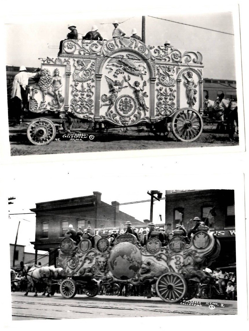 2 Photographs J.W Beggs Barnum & Baily Circus Full Carved Tableau Band Wagon