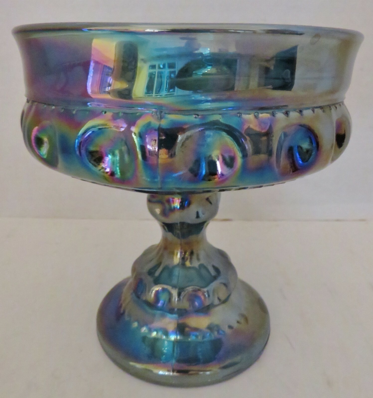 VTG Indiana Blue Carnival Glass Kings Crown Thumbprint Compote Candy Dish-5