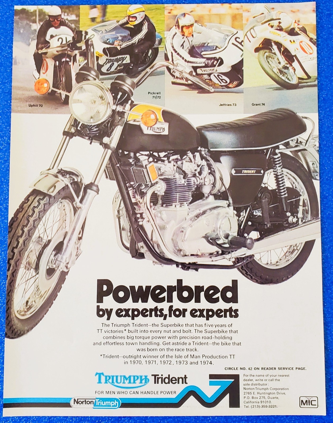 1975 Triumph Trident T160 Motorcycle Print Ad Isle of Man TT Racing History Gift