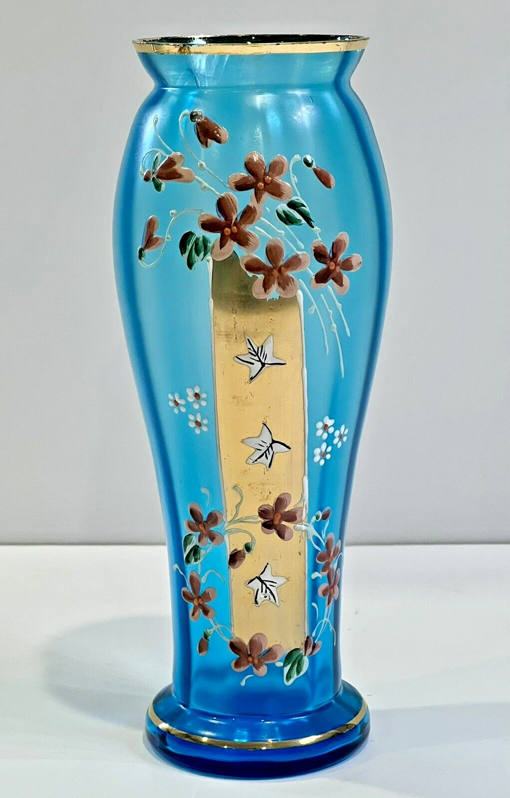 Antique or Vintage Bohemian Cobalt Blue Vase with Gold Trim Hand Painted Flowers