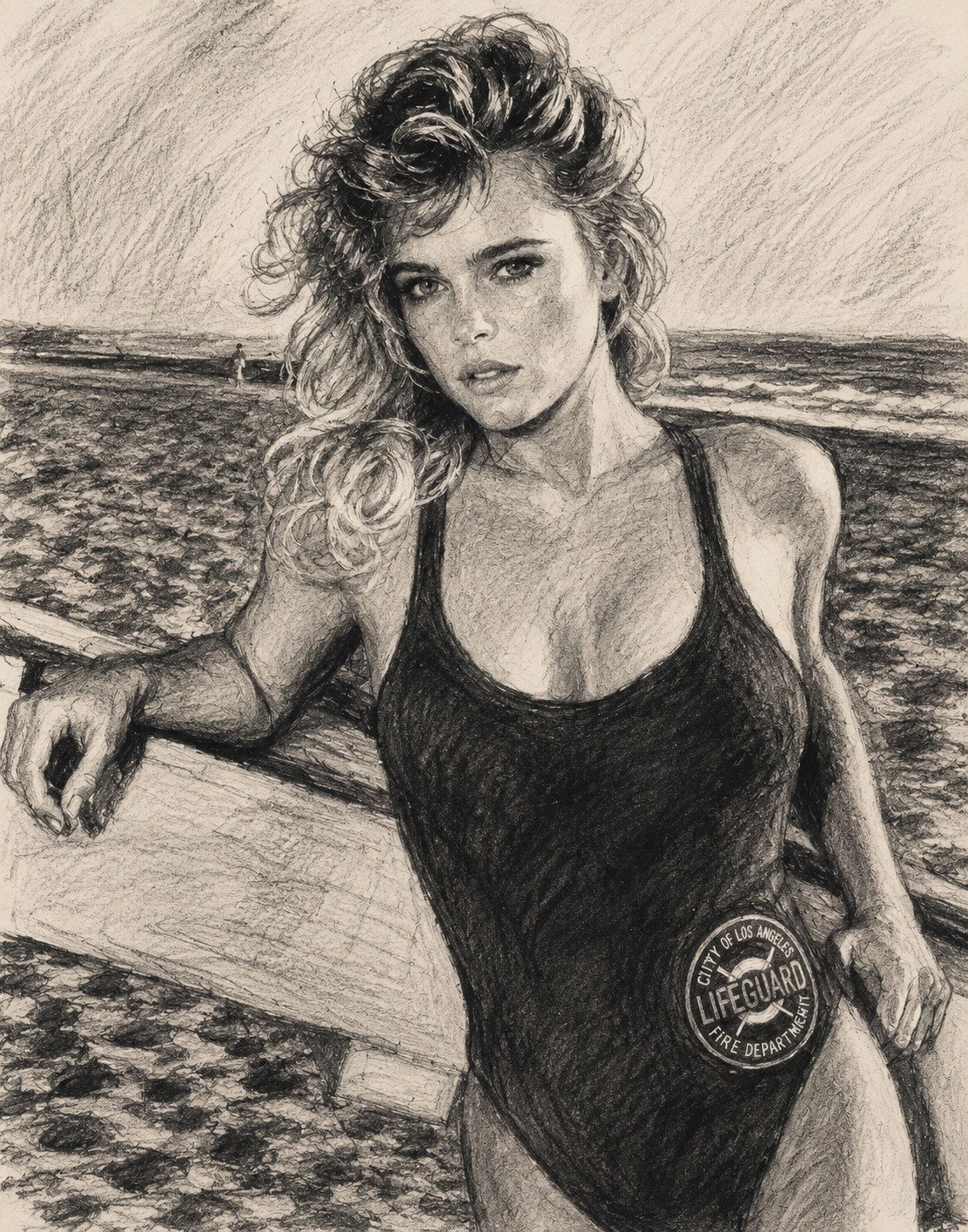 Baywatch Actress Erika Eleniak Charcoal Sketch Art Style Portrait Print 8x10