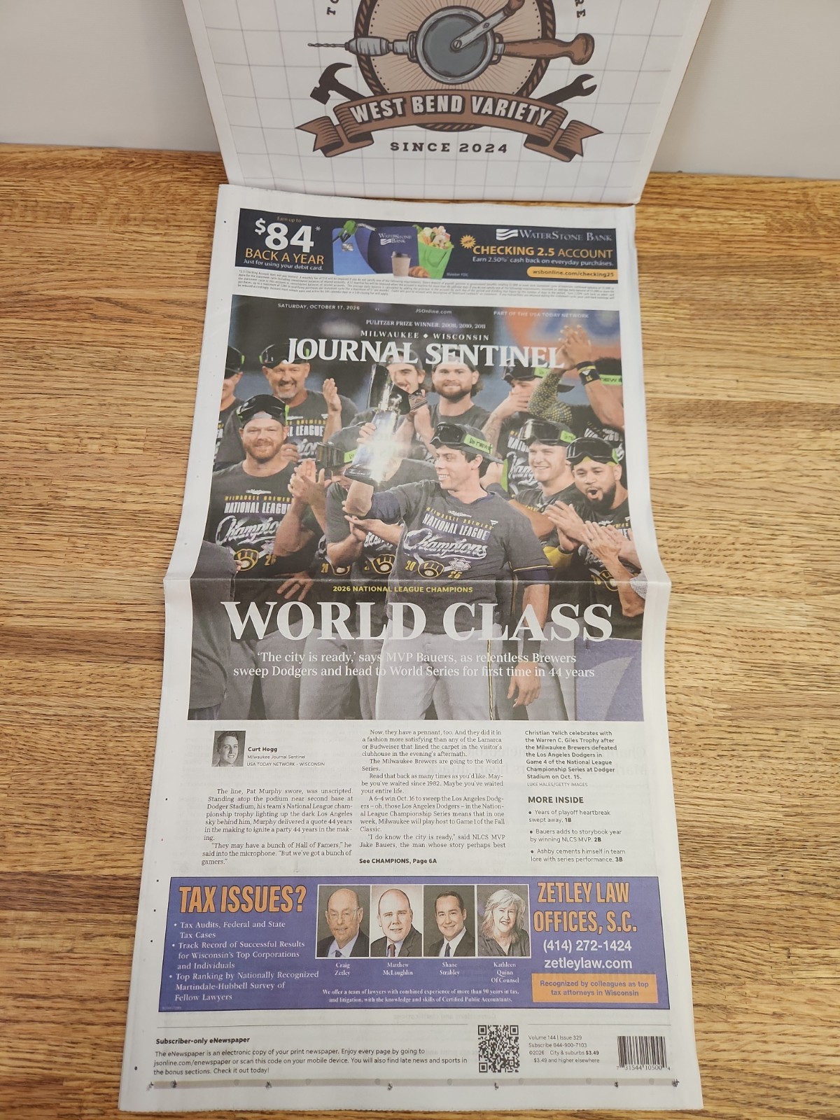 2026 Milwaukee Brewers NL Champions Journal Sentinel Newspaper From 10/17/2026